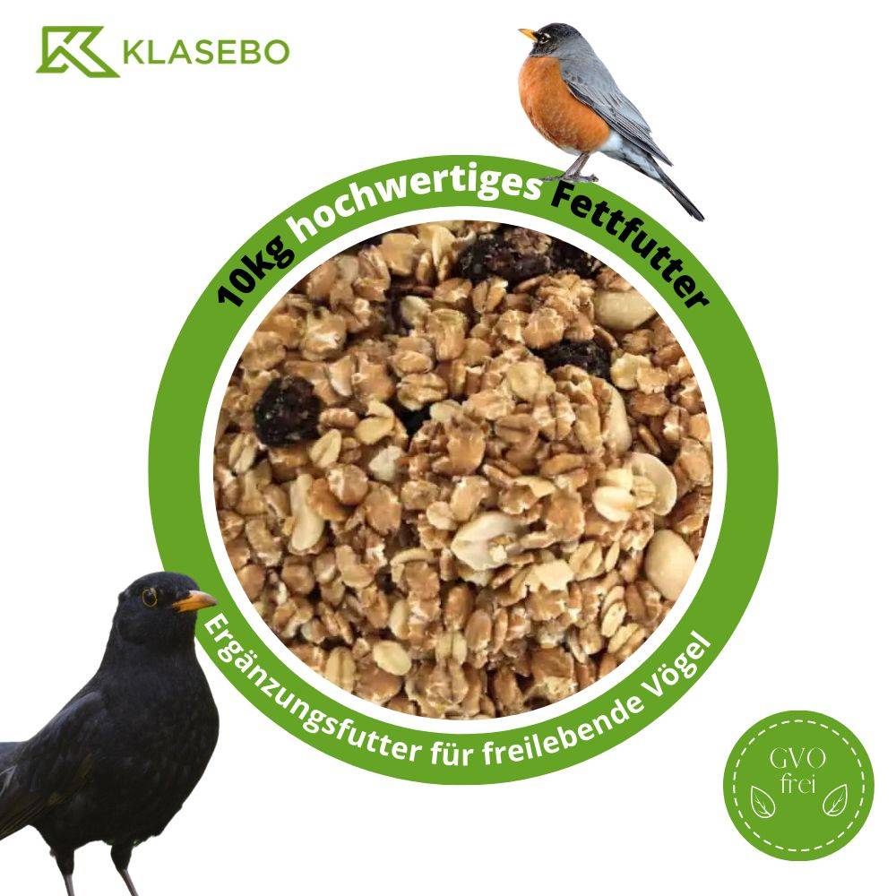 10kg hochwertiges Fettfutter' Etikett auf einem Samenmischungs-Foto, umgeben von Vogelillustrationen. Der Text lautet: 'Ergänzungsfutter für freilebende Vögel'.