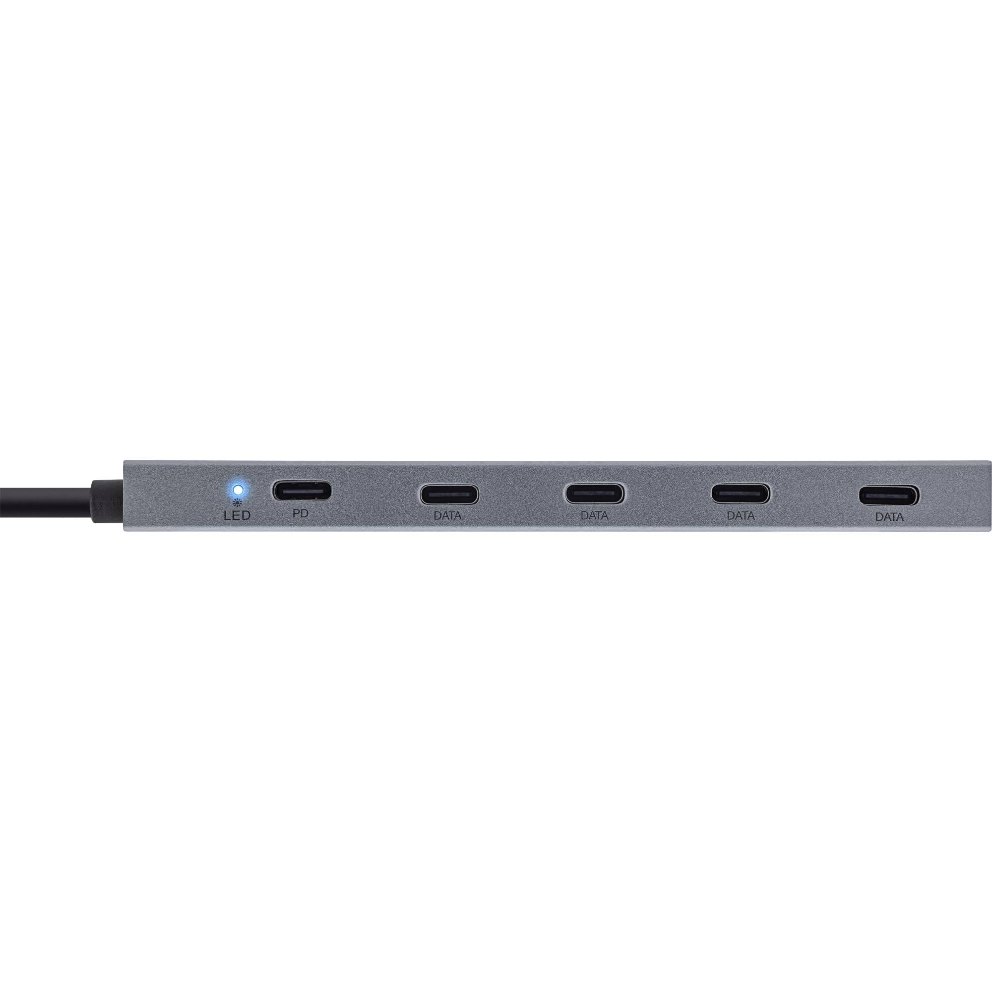 Ein dünner Metall-USB-C-Hub mit mehreren Anschlüssen, gekennzeichnet durch LED, PD und Data zum Anschluss verschiedener Geräte.