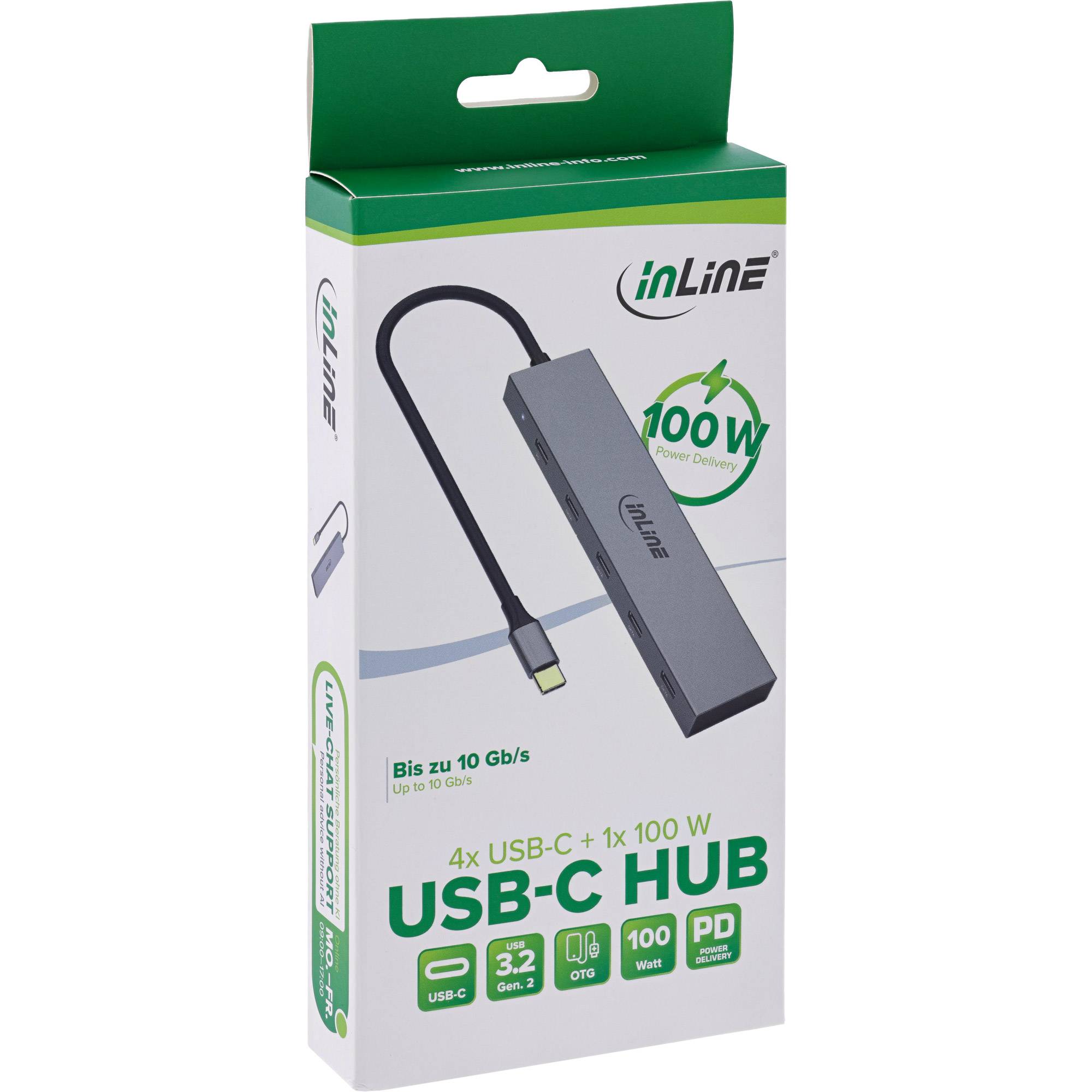 InLine USB-C-Hub-Box mit Produktbild und Spezifikationen: 4x USB-C, 100W Stromversorgung, bis zu 10 Gb/s Übertragungsgeschwindigkeit.