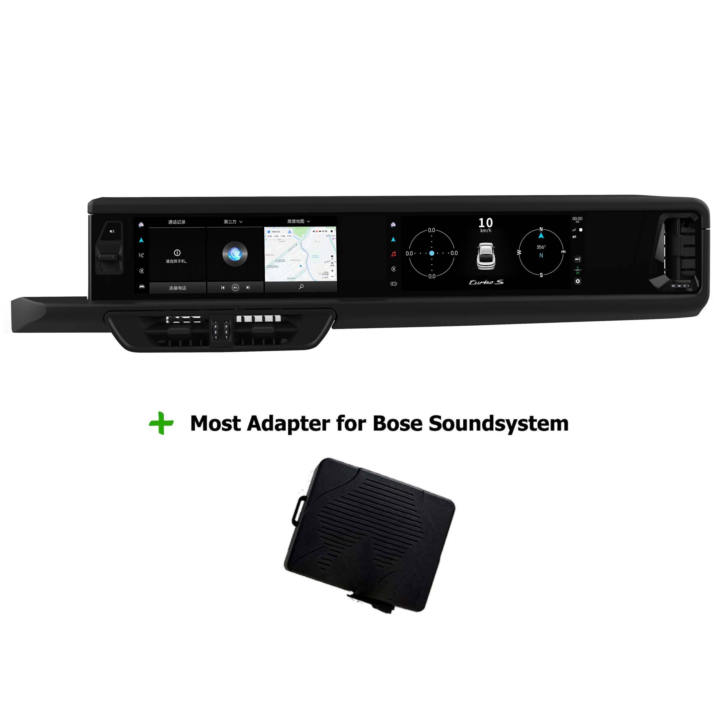 Autoinformationssystem mit angezeigten Karten und Audioptionen mit Text: Most Adapter für Bose Soundsystem.