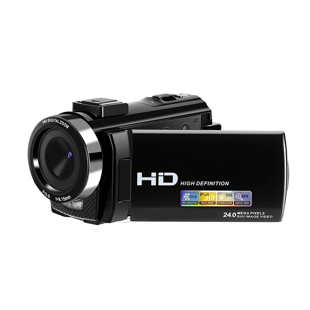 Eine schwarze HD-Videokamera mit ausklappbarem Bildschirm, mit digitalem Zoom und 24,0 Megapixeln, beschriftet mit „High Definition