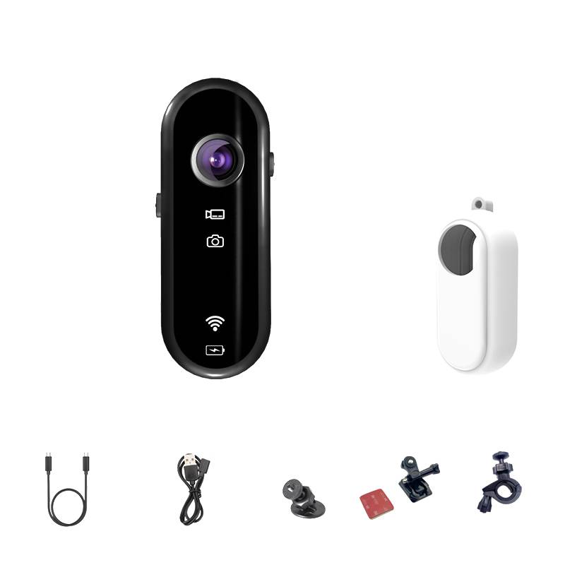 Eine kleine, schwarze Action-Kamera mit Objektiv und angezeigten Steuersymbolen. Das Zubehör umfasst Halterungen, ein Kabel und eine Fernbedienung.