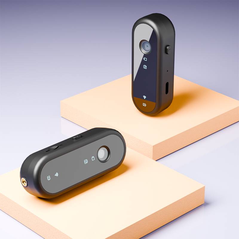 Zwei kompakte, moderne Überwachungskameras auf erhöhten Plattformen. Eine Kamera hat ein flaches, horizontales Design und die andere steht vertikal.