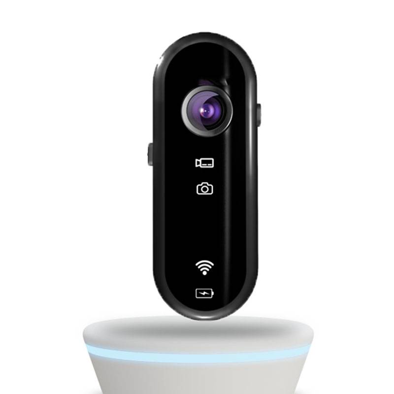 Eine elegante, schwarze digitale Kamera mit Objektiv und Bedientasten, schwebend über einem weißen, leuchtenden Sockel.