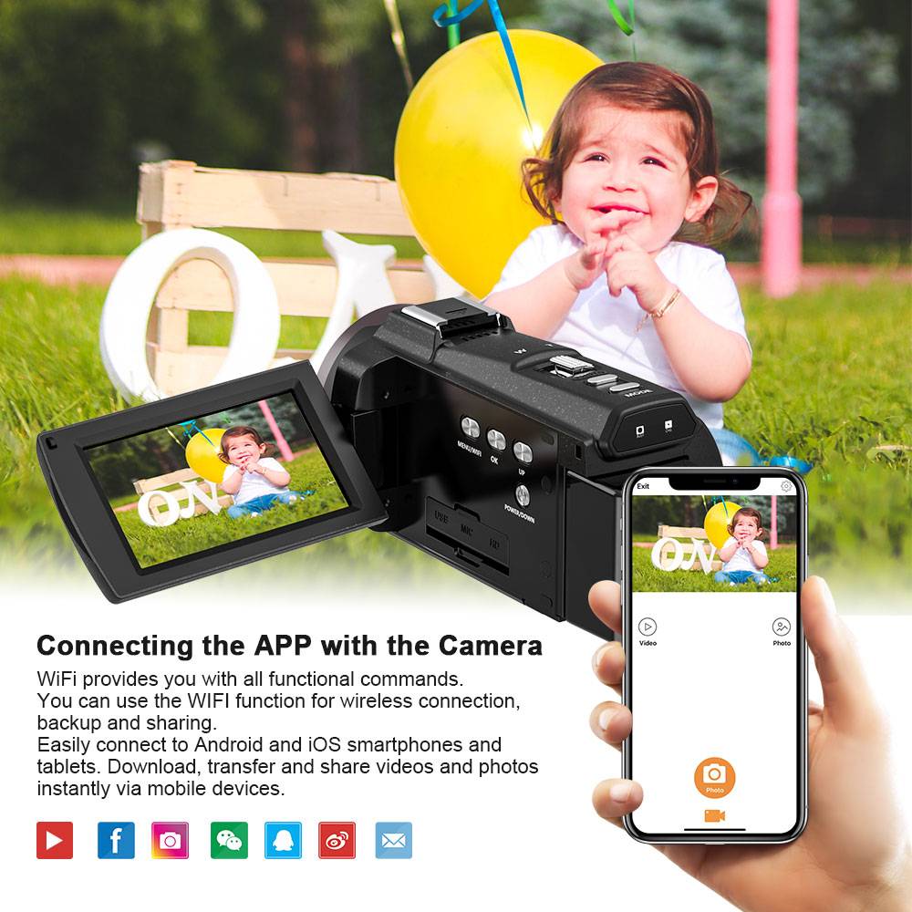 Ein Kind mit einem Ballon ist auf einem Camcorder-Bildschirm zu sehen. Eine Hand hält ein Telefon, das ein ähnliches Bild anzeigt, was die App-Kamera-Konnektivität demonstriert. Unter dem Bild steht „Die APP mit der Kamera verbinden