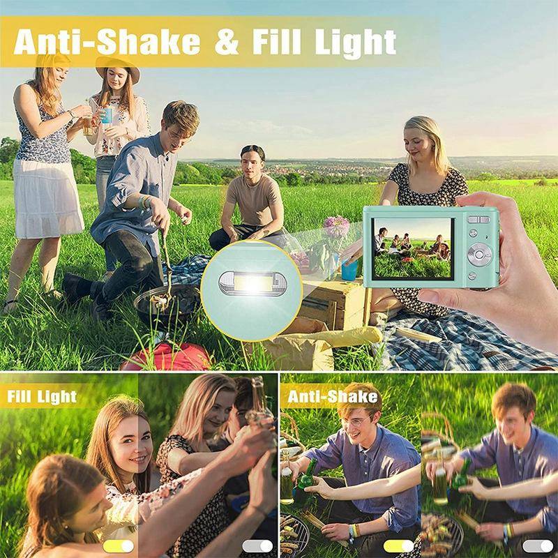 Gruppe junger Erwachsener, die ein Picknick auf einer Wiese genießen; Kamera mit in der Einfassung gezeigten Funktionen „Bildstabilisierung & Fülllicht