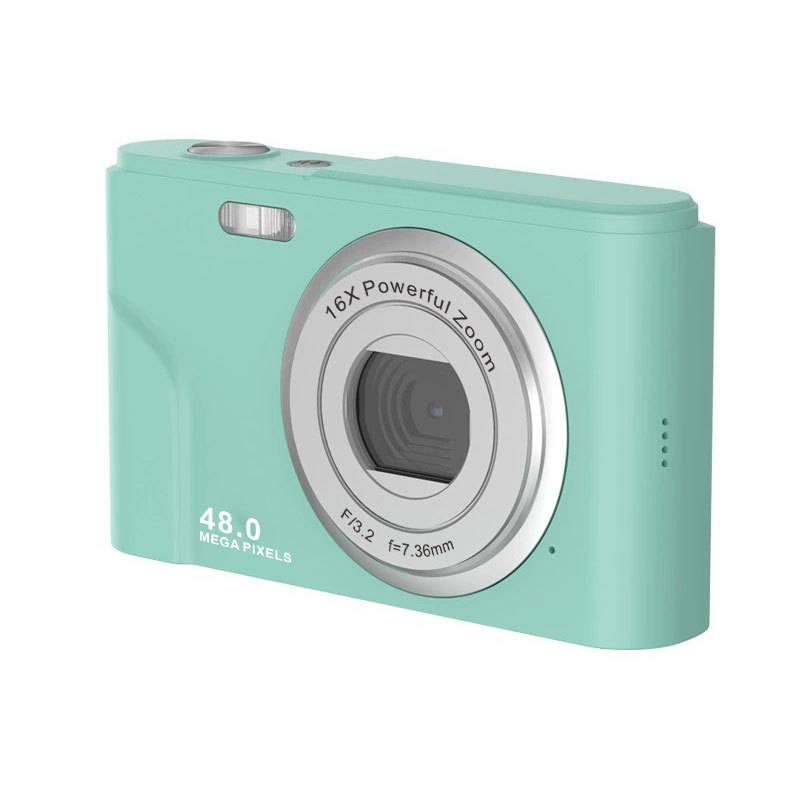 Eine türkise digitale Kamera mit der Aufschrift „48,0 Megapixel