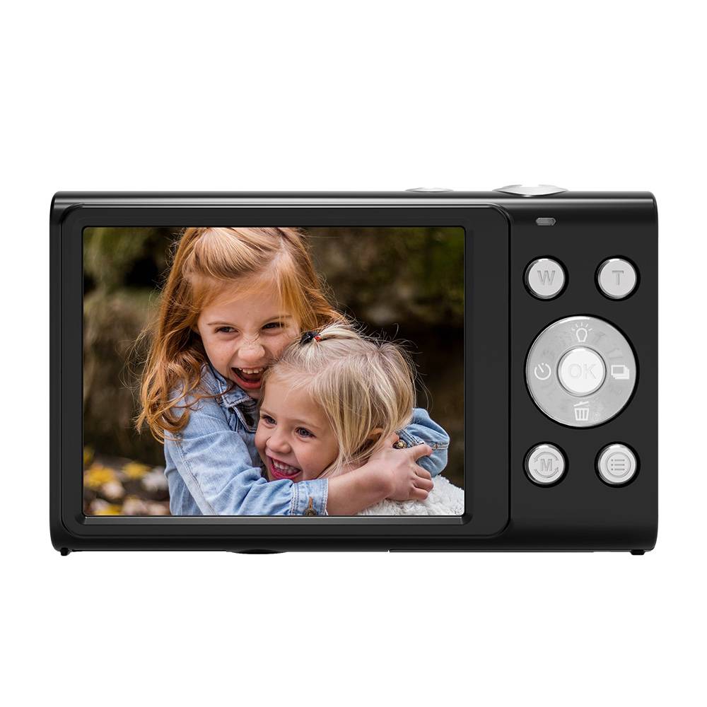 Ein digitales Kamerabildschirm zeigt zwei kleine Kinder, die sich freudig umarmen und in die Kamera lächeln.