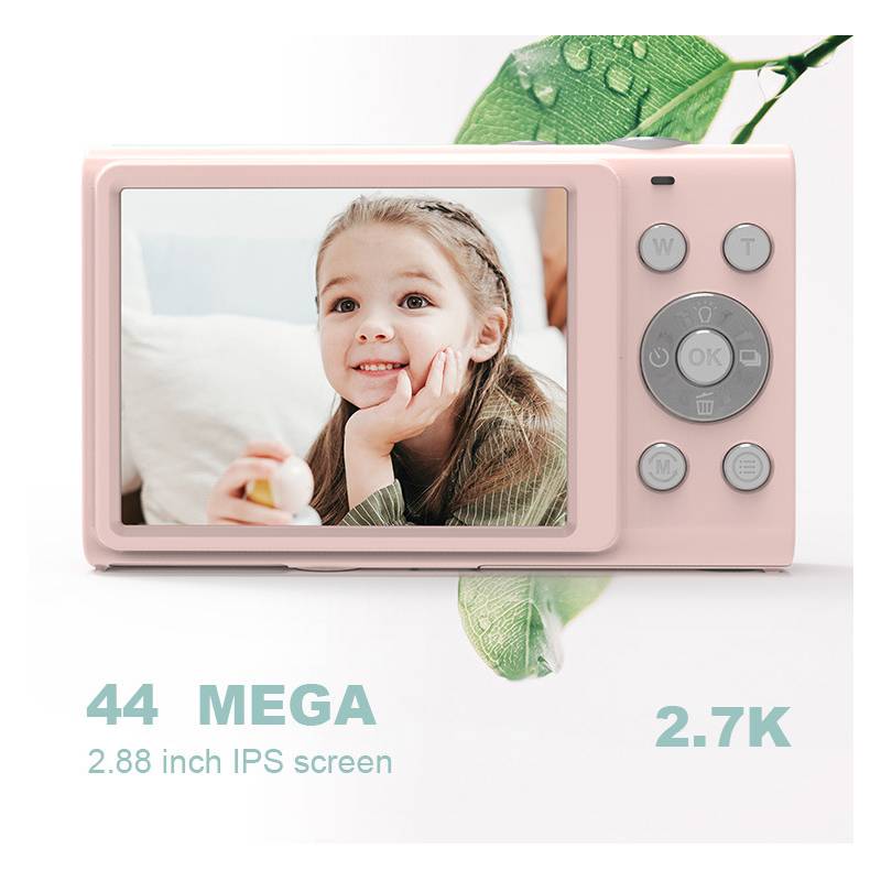 Ein rosa digitaler Fotoapparat zeigt ein Kinderporträt auf dem Bildschirm an. Der Text lautet: 44 Mega, 2,88 Zoll IPS-Bildschirm, 2.7K.