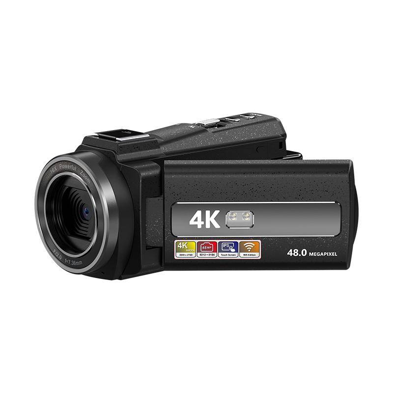 Schwarze 4K-Videokamera mit einer 48,0-Megapixel-Kennzeichnung, mit Konnektivitätssymbolen und einem kompakten, ergonomischen Design.