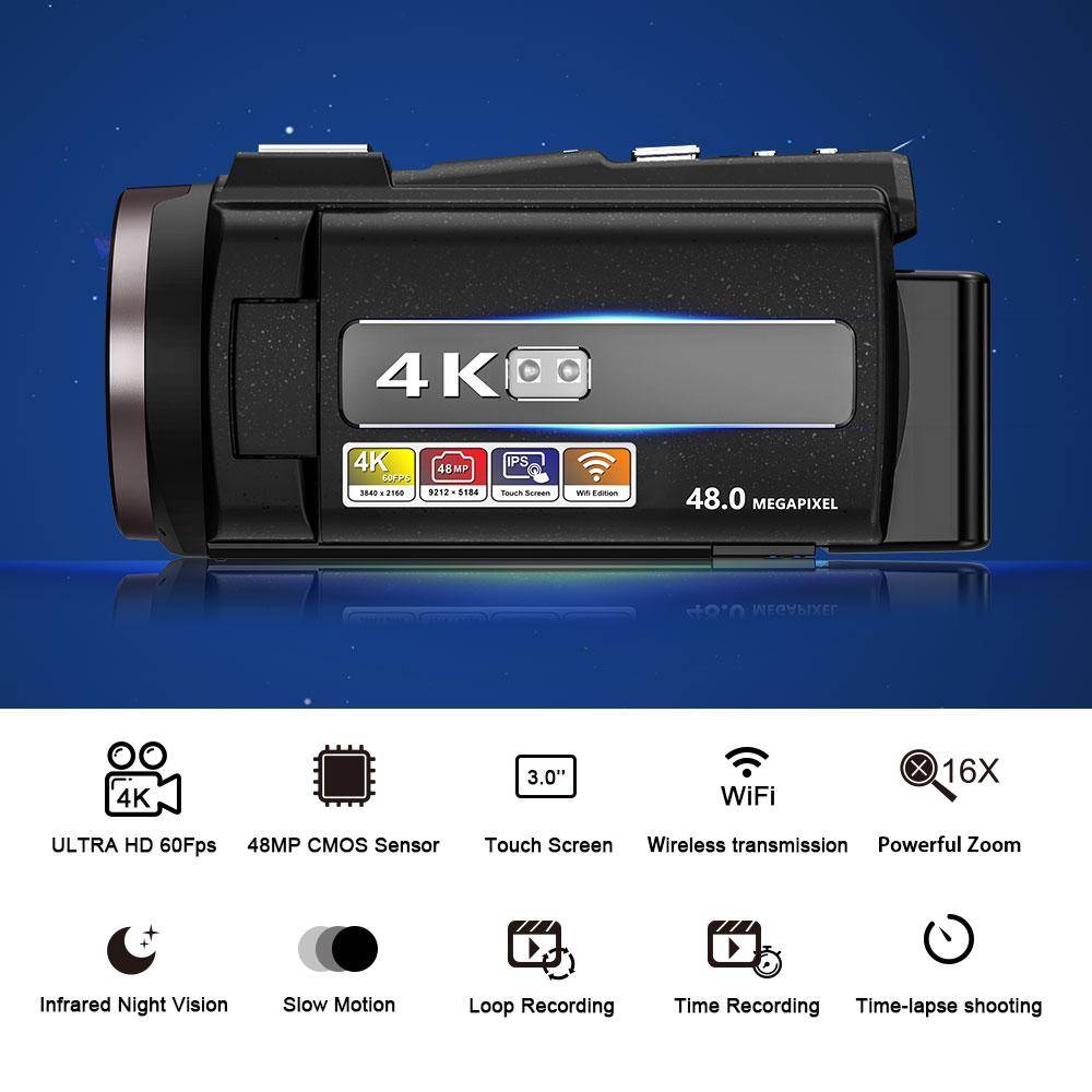 Ein schwarzer 4K-Camcorder mit 48,0 Megapixeln wird angezeigt und zeigt Funktionen wie Wi-Fi, Touchscreen, 60fps und Infrarot-Nachtsicht.