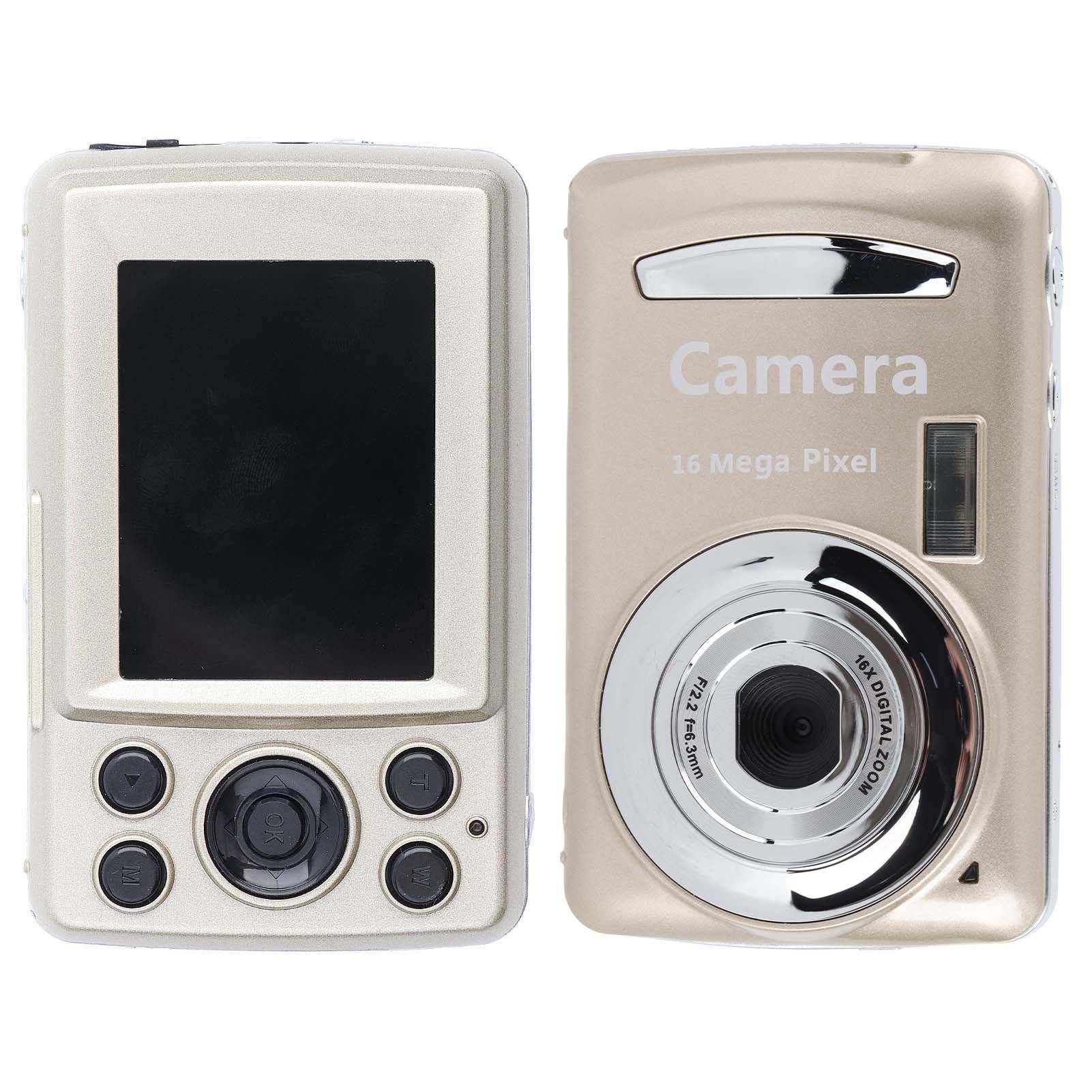 Eine Vorder- und Rückansicht einer beigen digitalen Kamera, die einen Bildschirm auf der Rückseite und ein Objektiv auf der Vorderseite mit dem Text 