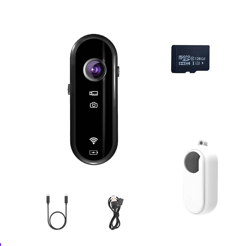 Minikamera mit Linse, Ein-/Aus-Schalter und Wi-Fi-Symbol. Enthält 128-GB-microSD-Karte, Ladekabel und weiße Schutzhülle.