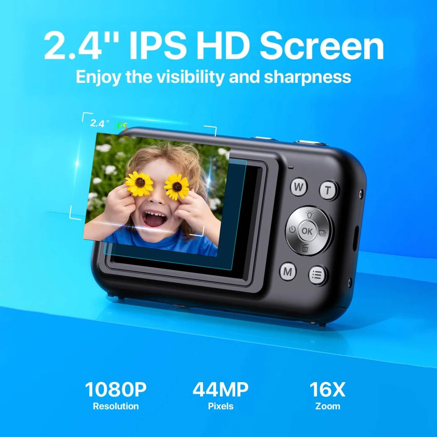 Kompakte Digitalkamera mit 2,4-Zoll-IPS-HD-Bildschirm, auf dem ein lachendes Kind Sonnenblumen hält. Die Ausstattung umfasst 1080P-Auflösung, 44MP-Pixel und 16x-Zoom.