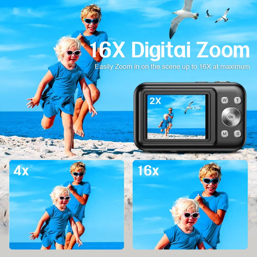 Eine Strandszene zeigt eine Frau und ein Kind, die laufen. Eingefügte Bilder veranschaulichen die 16X-Digitalzoomfunktion und zeigen nähere Aufnahmen der gleichen Szene.