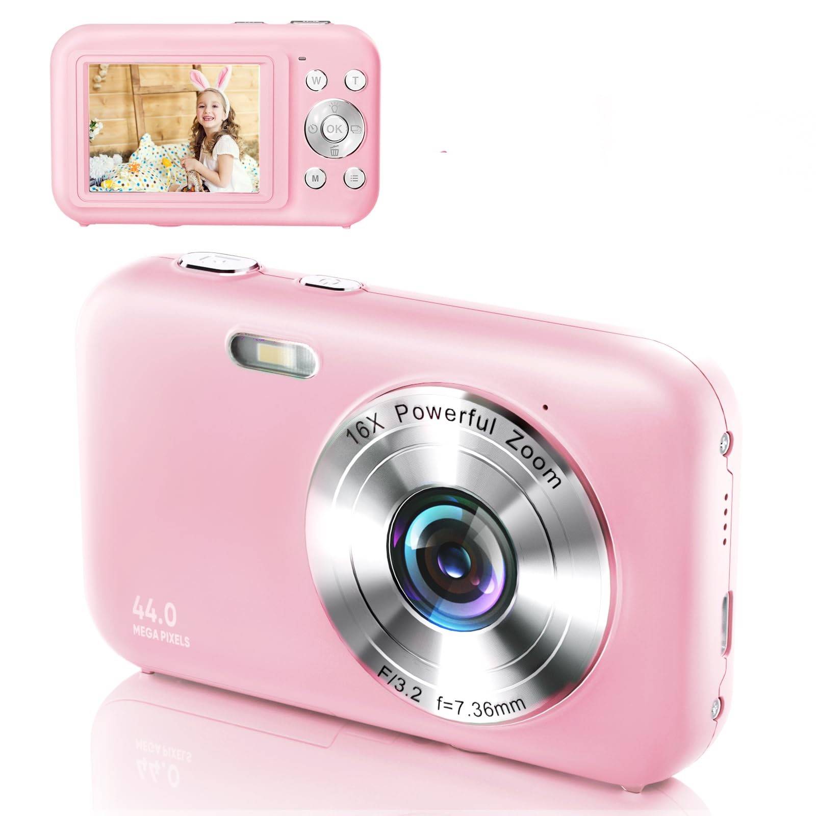 Eine rosa digitale Kamera mit „16X Powerful Zoom