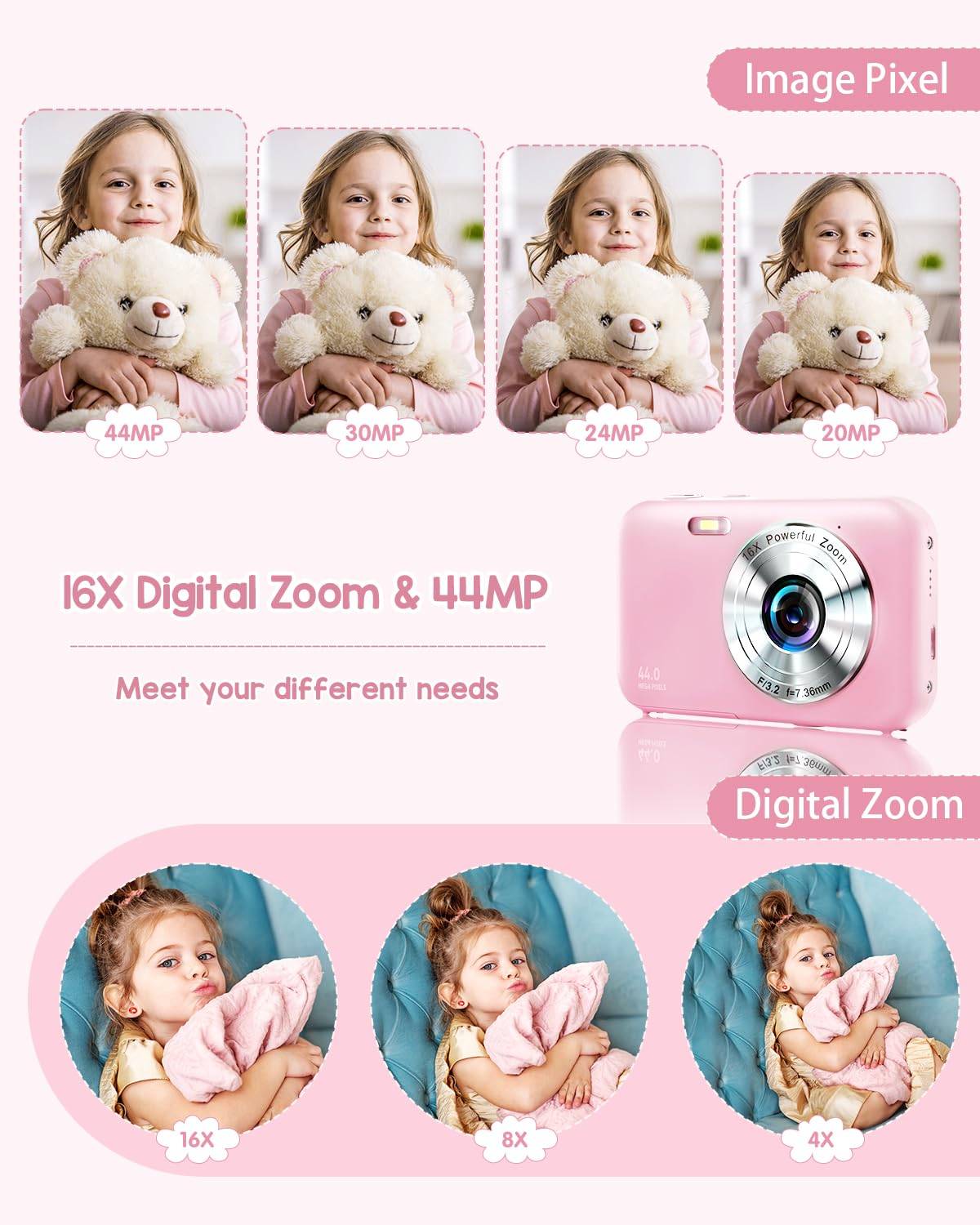 Eine rosa digitale Kamera mit den Funktionen „16X Digitalzoom & 44MP