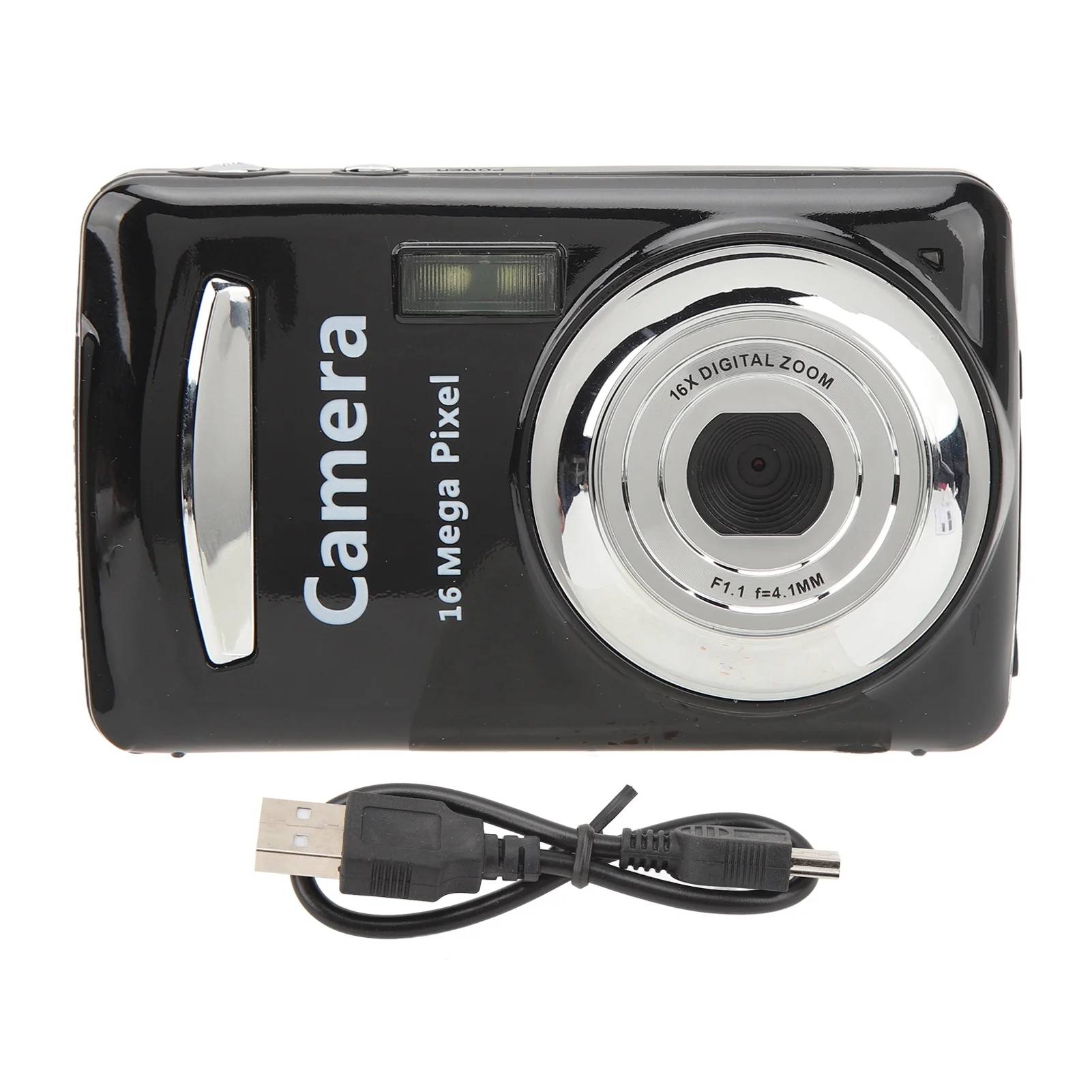 Eine schwarze digitale Kamera mit der Aufschrift „16 Mega Pixel