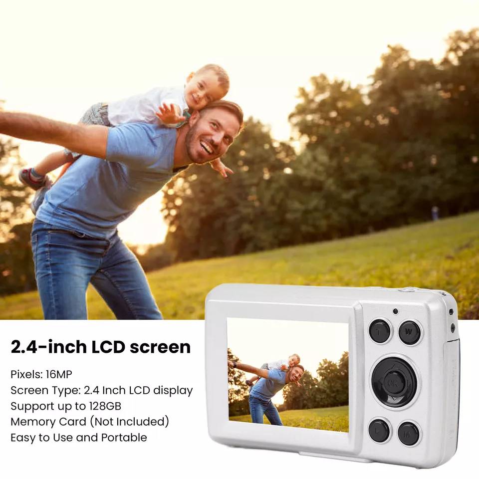 Vater gibt Kind Huckepack-Ritt im Park. Bild auf 2,4-Zoll-LCD-Bildschirm der Kamera zeigt freudenvolle Momente. Text hebt Funktionen hervor: 16MP, 128GB-Unterstützung, Speicherkarte nicht enthalten.