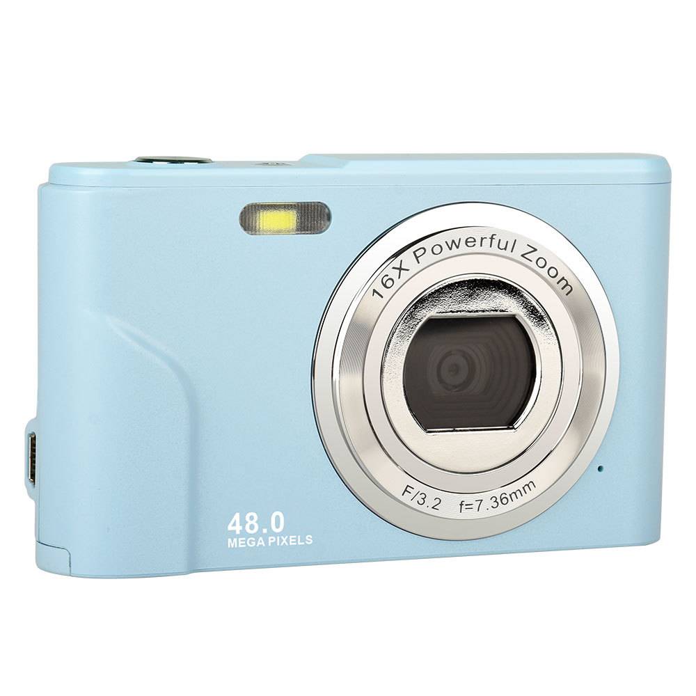 Eine hellblaue digitale Kamera mit „16x Powerful Zoom