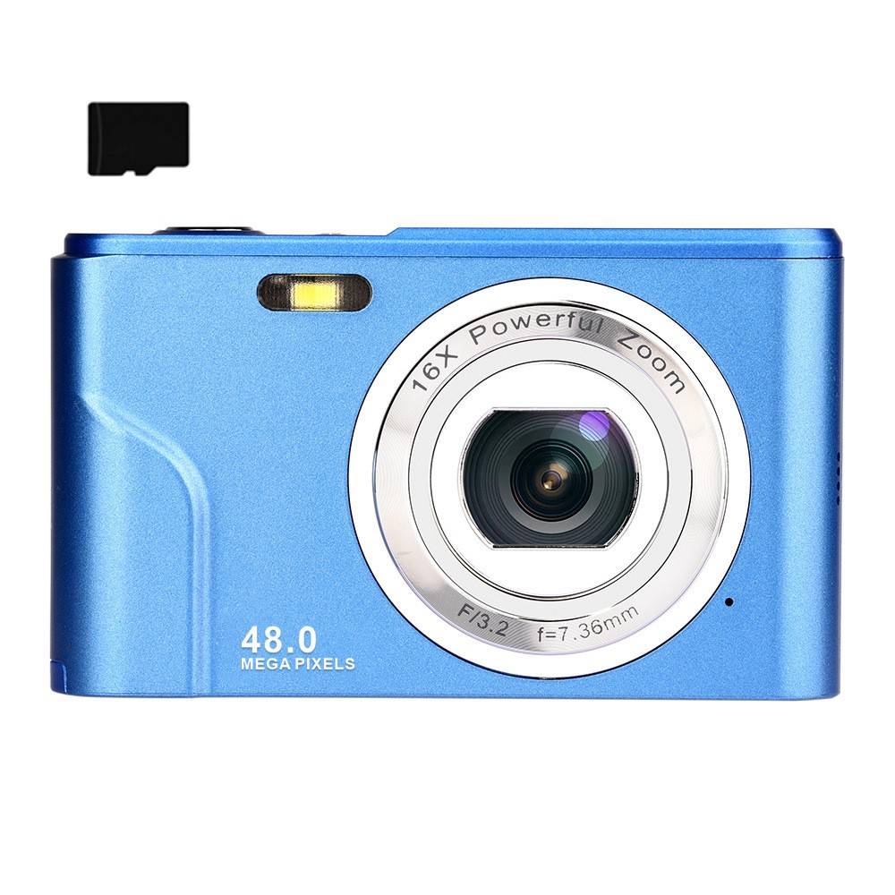 Eine blaue Digitalkamera mit „48,0 Megapixel