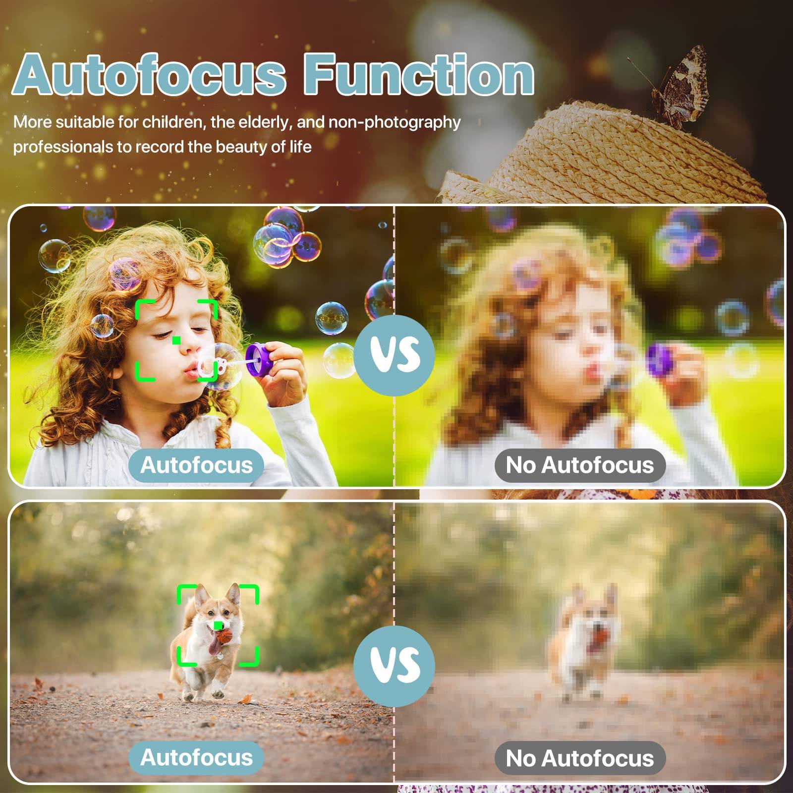 Autofokusfunktion: Besser geeignet für Kinder, Senioren und Nicht-Fotografen, um Schönheit festzuhalten. Oben: Kind mit Seifenblasen; unten: laufender Hund.