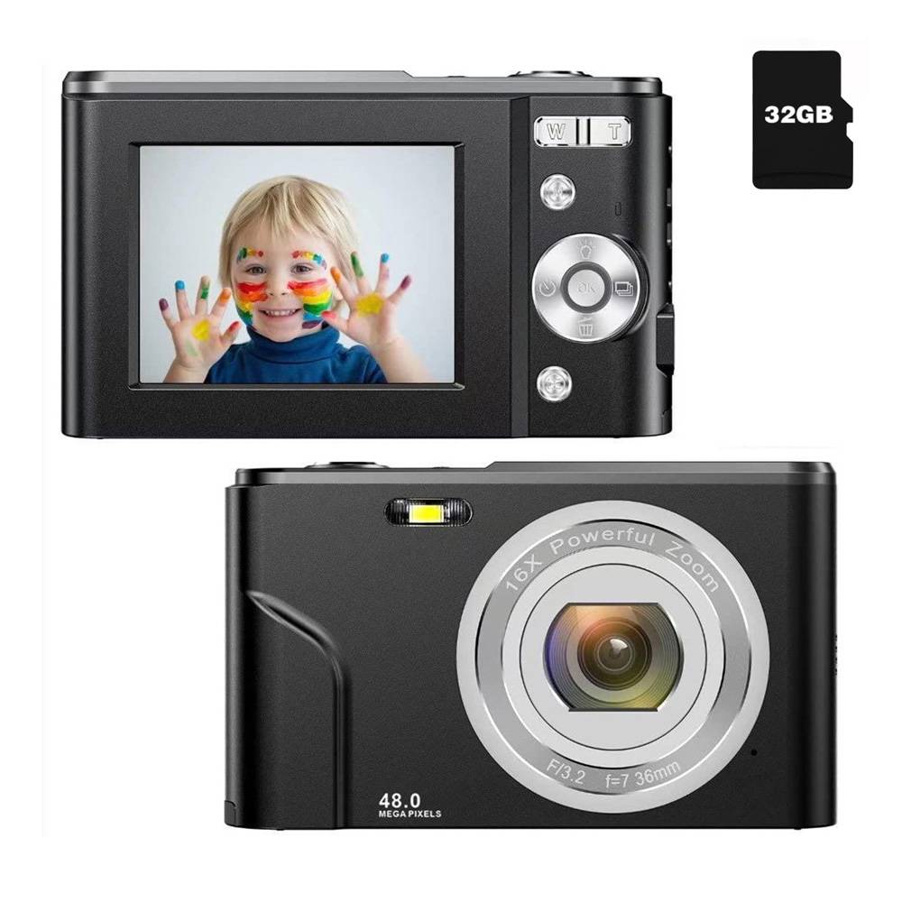 Digitalkamera zeigt ein Kinderfoto auf dem Bildschirm mit bemalten Händen. Die Kamera hat ein 48,0-Megapixel-Objektiv und enthält eine 32-GB-Karte.