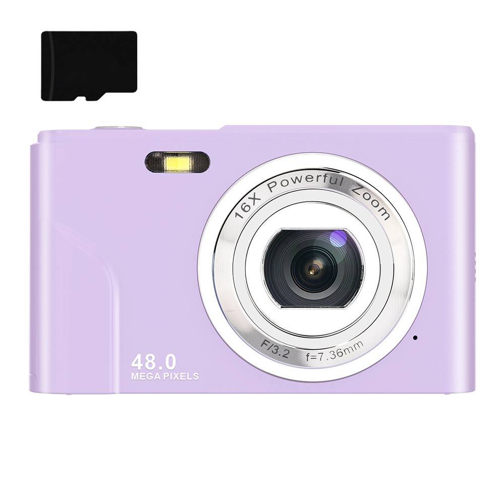 Eine lavendelfarben digitale Kamera mit „16X Powerful Zoom