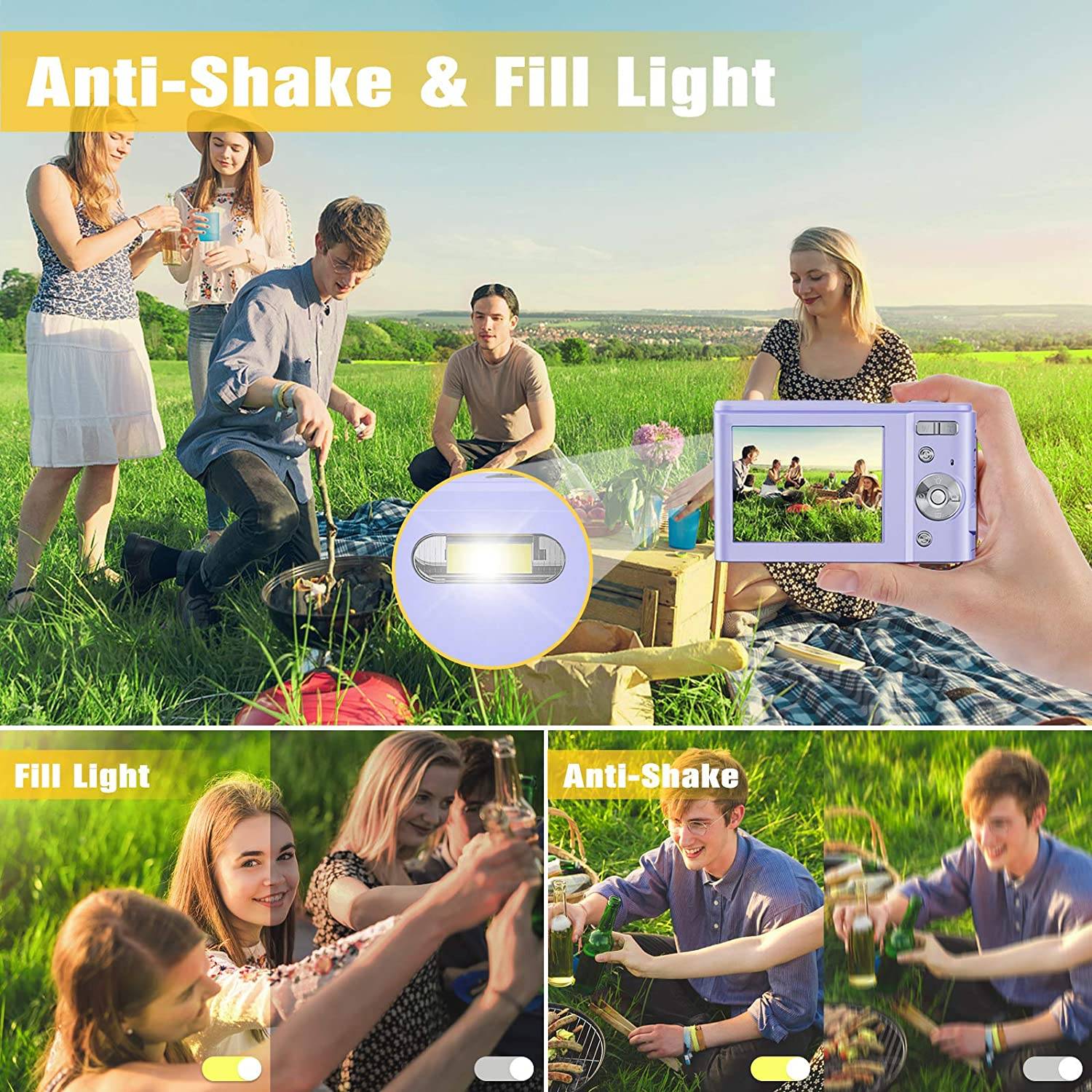 Eine Gruppe von Freunden genießt ein Picknick an einem sonnigen Tag auf einer grünen Wiese. Ein Insetbild hebt die Antiverwackelungs- und Aufhelllicht-Funktionen einer Kamera hervor.