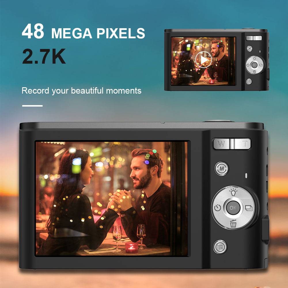 Eine digitale Kamera zeigt das Bild eines Paares beim Essen an, mit Text, der „48 Megapixel