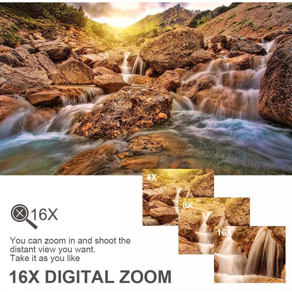 Bergbach mit Felsen und fließendem Wasser unter einem Sonnenuntergangshimmel. Eingefügte Bilder zeigen Zoomstufen: „4X