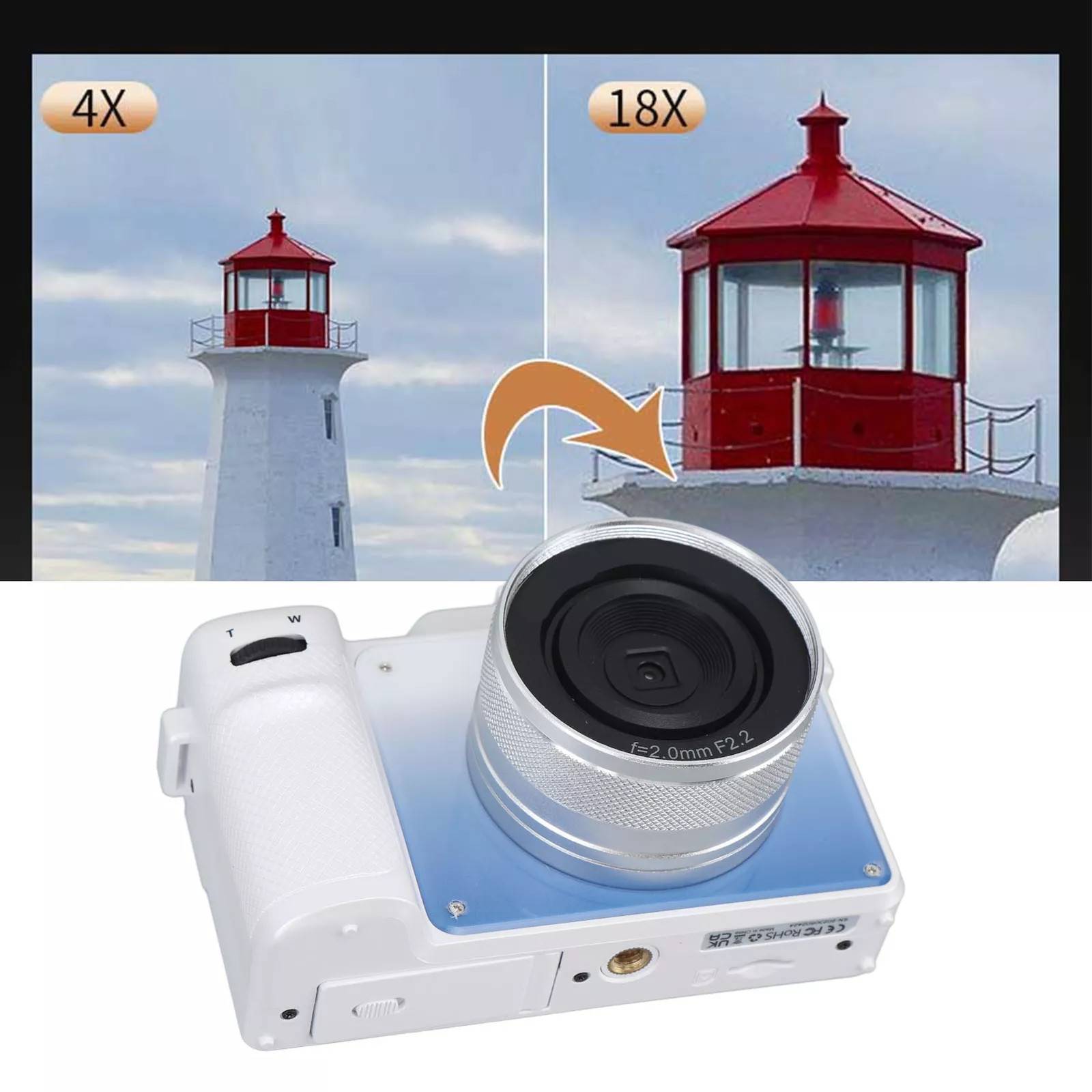 Eine weiße digitale Kamera ist unterhalb eines Bildes positioniert, das einen Leuchtturm mit 4X- und 18X-Zoomvergleichen zeigt, wobei die Zoomfähigkeit hervorgehoben wird.