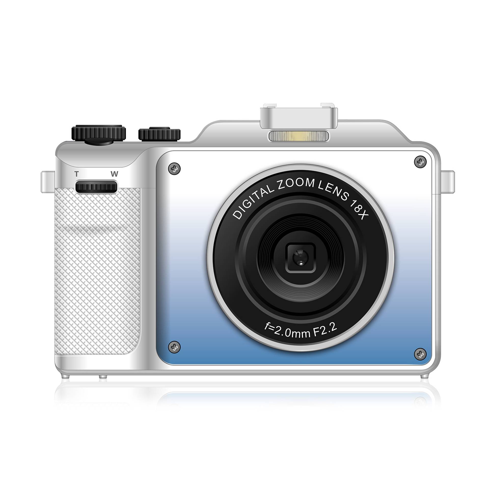 Eine digitale Kamera mit einem Zoomobjektiv mit der Bezeichnung „Digital Zoom Lens 18X f=2,0mm F2.2