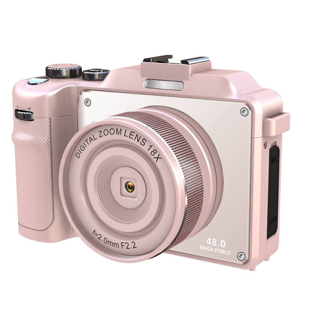 Eine rosa digitale Kamera mit 18x Zoomobjektiv, 48,0 Megapixel.