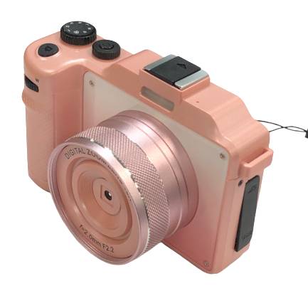 Eine rosa digitale Kamera mit großem Objektiv und verschiedenen Bedienelementen oben, geeignet für Fotografiebegeisterte.