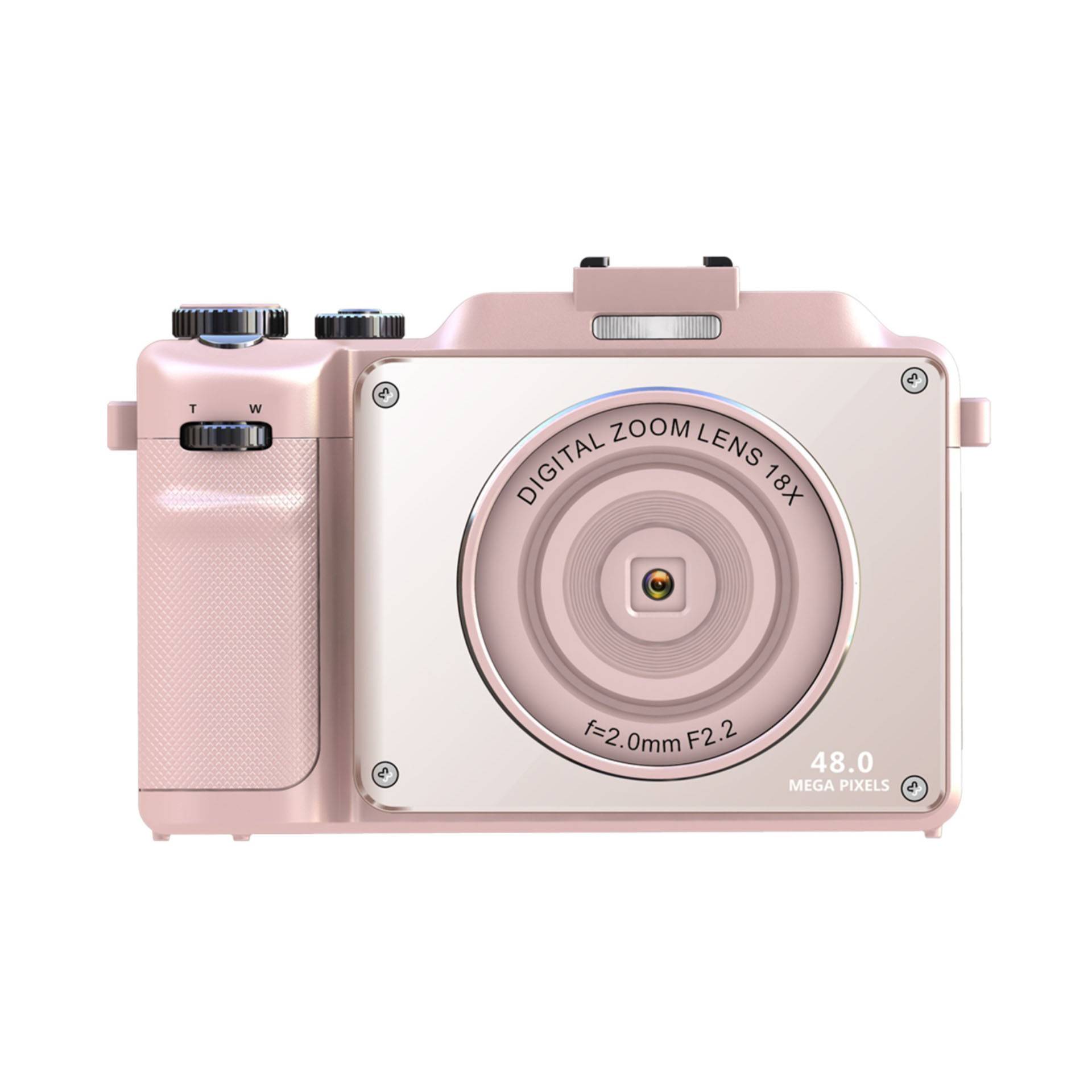 Eine rosa Digitalkamera mit 16x Zoomobjektiv und 48,0 Megapixel, ausgestattet mit strukturiertem Griff und Bedienreglern oben.