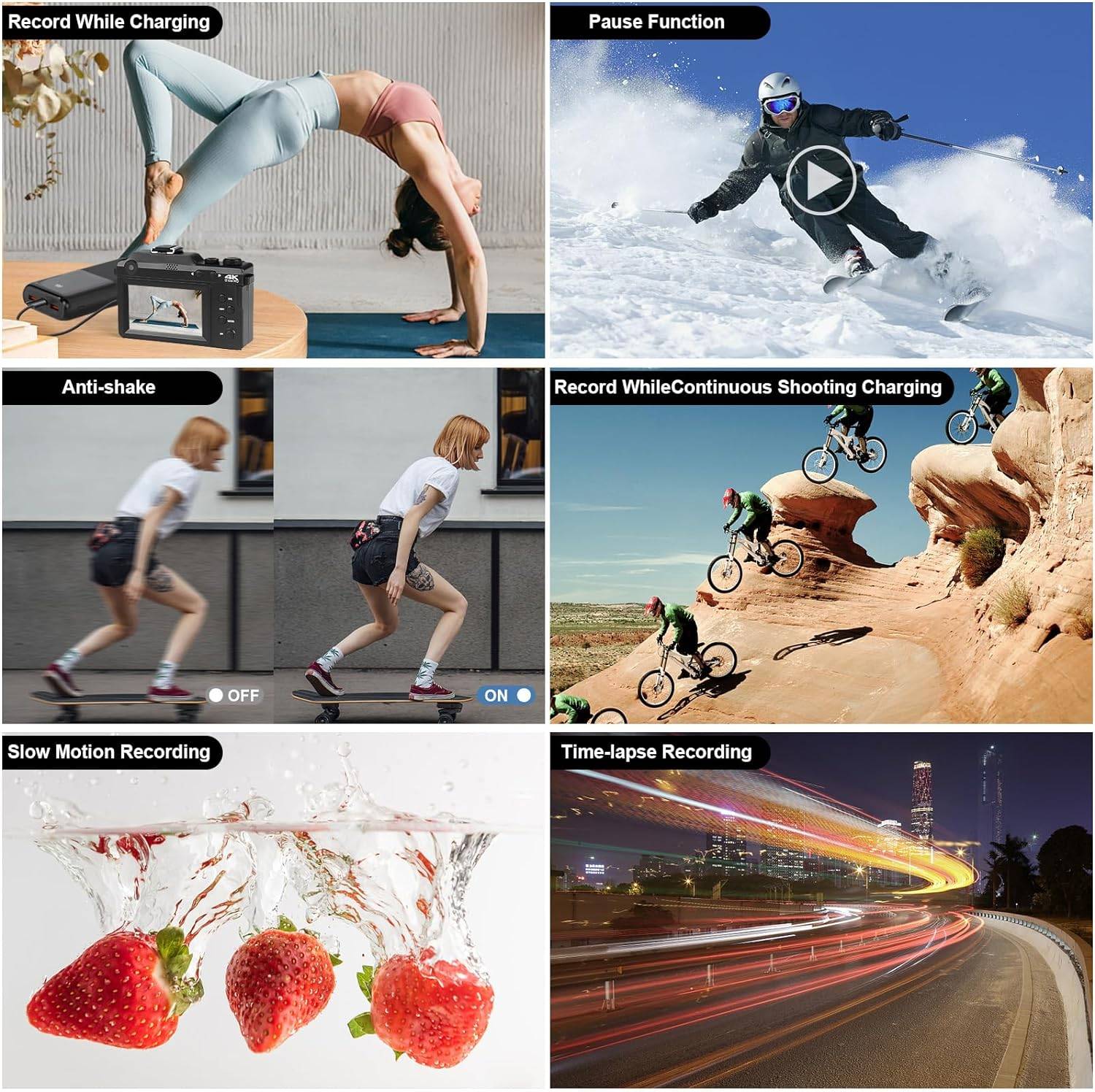 Bildcollage mit Kamerafunktionen: Während des Ladens aufnehmen, Pausenfunktion, Bildstabilisierung, kontinuierliche Aufnahme, Zeitlupe und Zeitraffer.