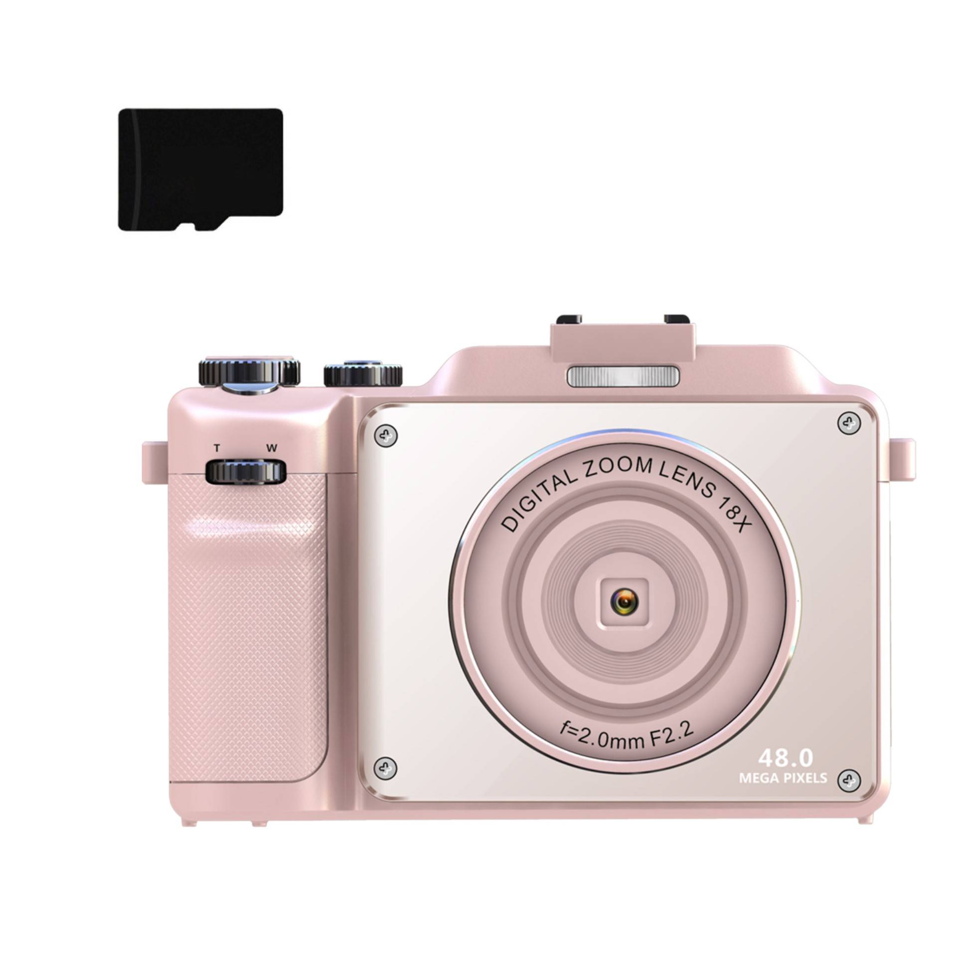 „Rosegoldene Digitalkamera mit 18x Zoomobjektiv, 48,0 Megapixel und einer separat dargestellten schwarzen Objektivkappe oben.