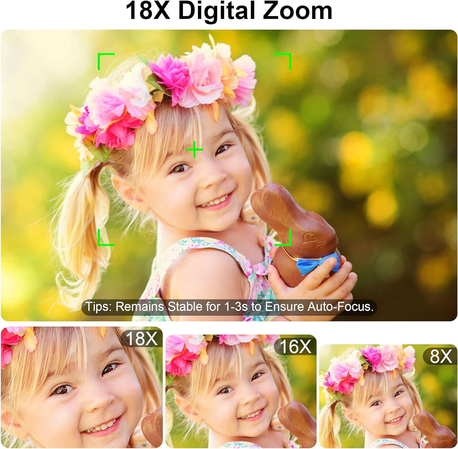 Ein lächelndes Kind mit einem Blumenkopfschmuck demonstriert digitale Zoomfunktionen und zeigt drei Zoomstufen: 18x, 16x und 8x.