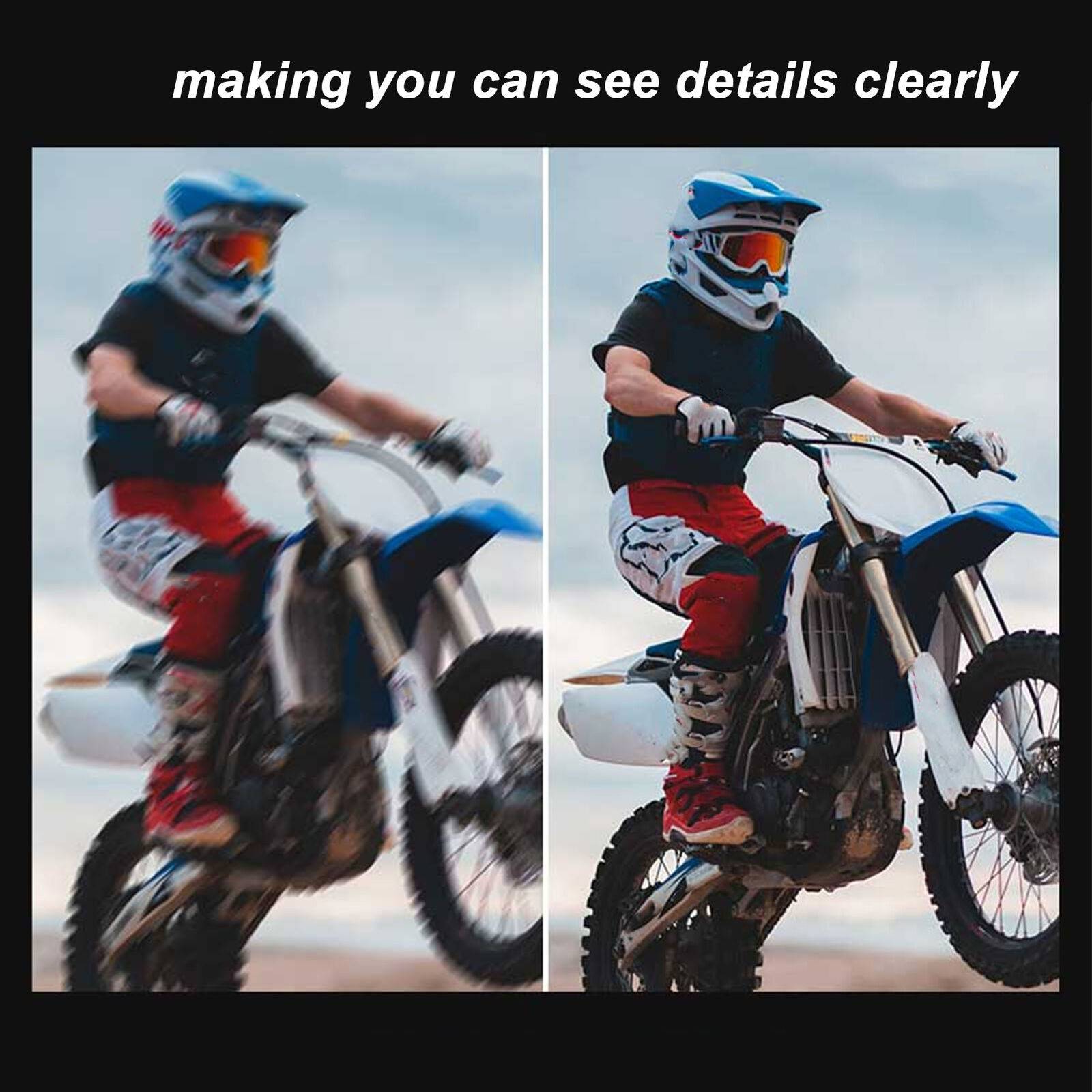 Ein geteiltes Bild eines Motorradfahrers in Schutzausrüstung, der auf einem Dirt-Bike fährt. Die linke Seite ist verschwommen, während die rechte Seite scharf ist und Details hervorhebt.