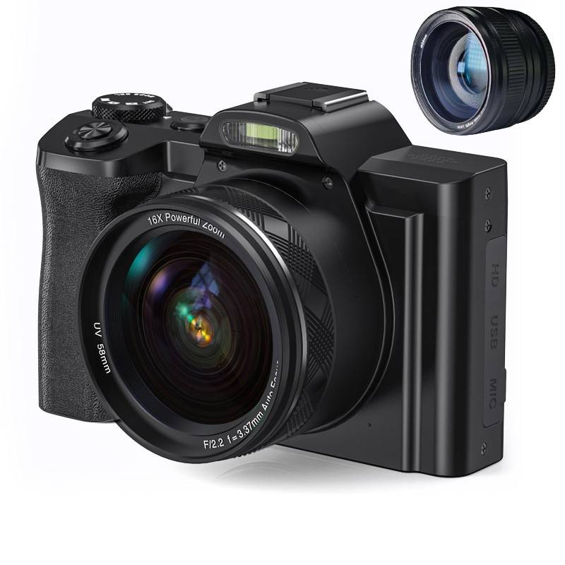 Eine digitale Kamera mit einem großen Objektiv wird angezeigt. Ein kleineres, austauschbares Objektiv wird oben gezeigt. Die Kamera hat einen strukturierten Handgriff.