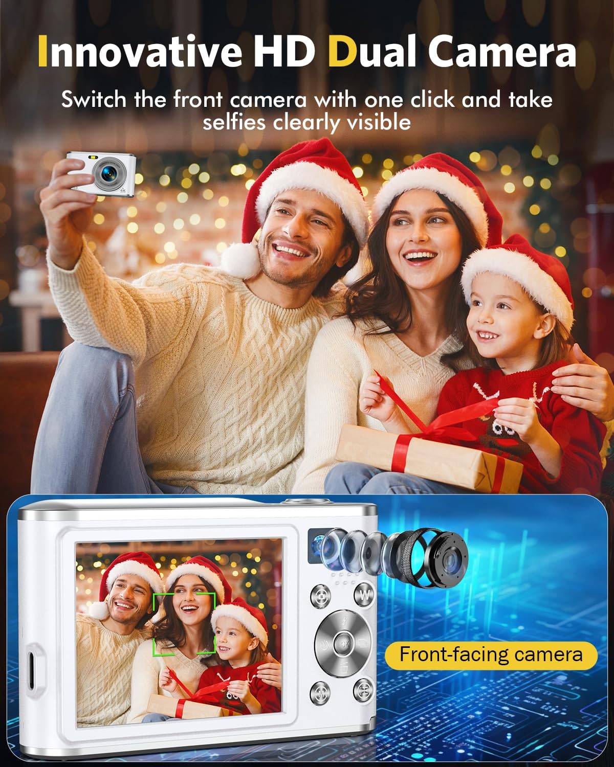 Eine vierköpfige Familie in Weihnachtsmützen, die lächelnd ein Selfie macht und Geschenke hält. Text: „Schalten Sie die Frontkamera mit einem Klick um.