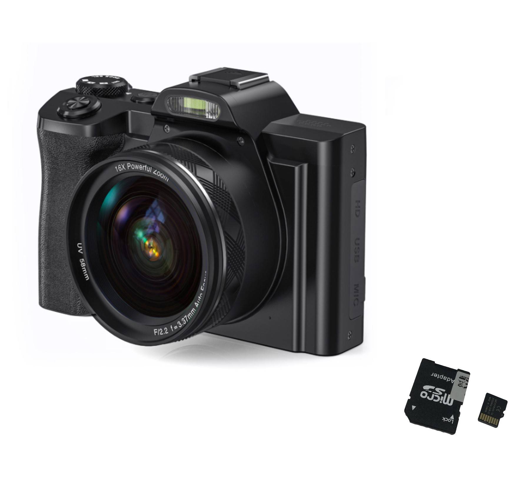 Eine digitale Kamera mit einem großen Objektiv, das neben einer Speicherkarte angezeigt wird, zeigt ihre Fähigkeit, Fotos zu speichern.