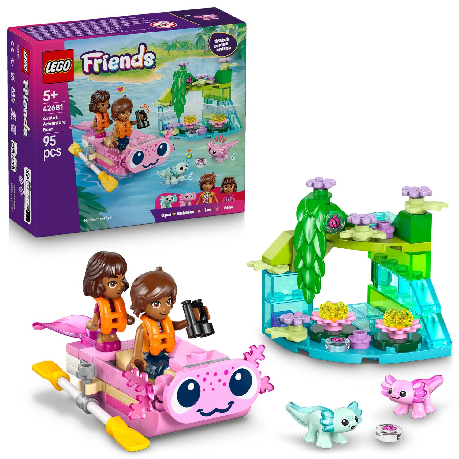 LEGO Friends Set mit zwei Figuren, die eine Wasserumgebung erkunden, mit einem axolotl-thematischen Boot, einer kleinen Haustierfigur und Zubehör. Geeignet für Alter 5+.