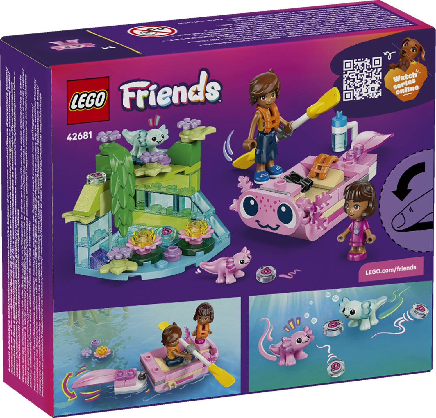 LEGO Friends Set mit zwei Charakteren in einem rosa Ruderboot mit einer lächelnden Kreatur vor einer farbenfrohen Flussuferszenerie.