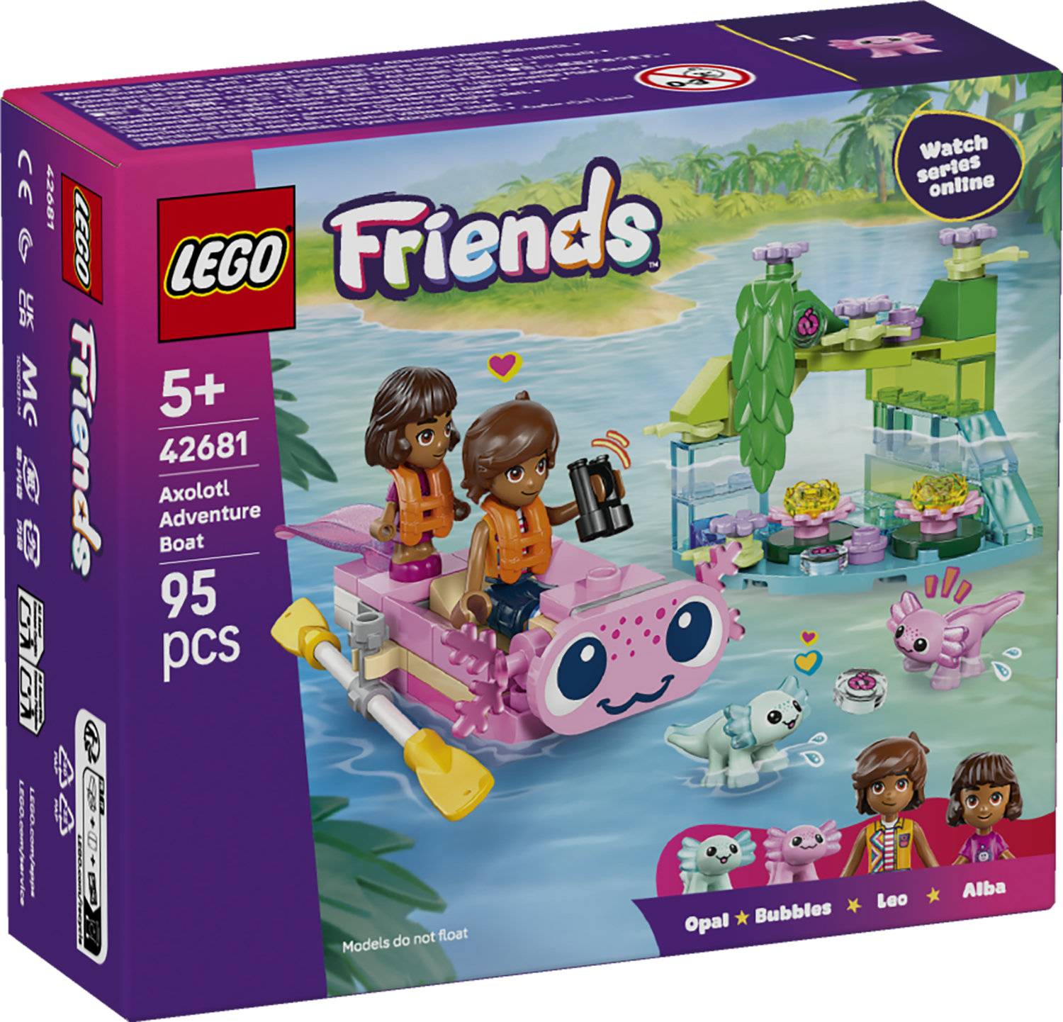 LEGO Friends 'Axolotl-Abenteuerboot'-Set 42681 mit 95 Teilen, mit einem rosa Boot und aquatischer Kulisse mit zwei Charakteren.