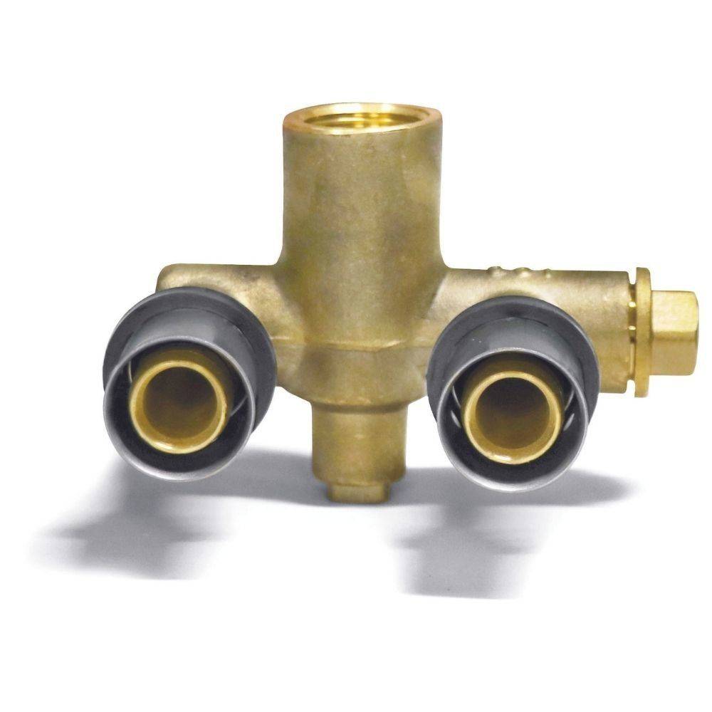 Ein Messing-Sanitärventil mit zwei schwarzgeränderten Anschlüssen auf beiden Seiten und einem Anschluss oben, entwickelt zur Steuerung des Durchflussrichtung.