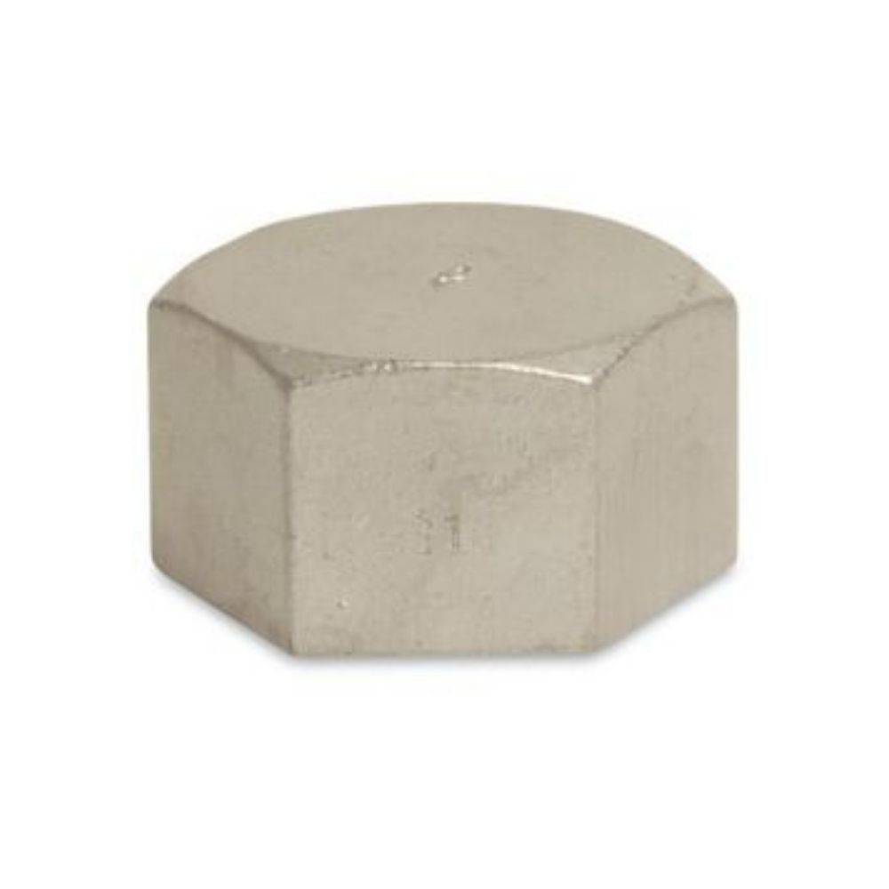 Eine Metallrohrverbindung mit sechskantigem Gewinde, wahrscheinlich für Rohrleitungsanschlüsse verwendet, vor einem weißen Hintergrund.