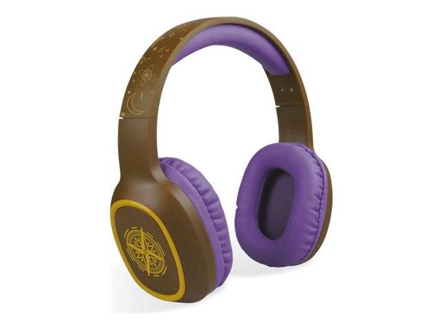 Braune und violette Kopfhörer mit aufwändigen Designs auf dem Kopfbügel und den Ohrmuscheln. Das Design enthält ein Kompasssymbol und Himmelsmotive.