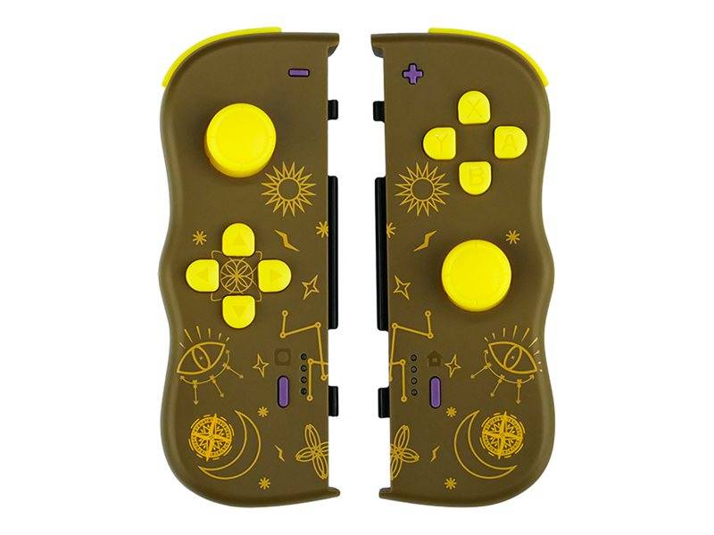 Zwei braune Gaming-Controller mit gelben Tasten und mystischen Symbolen wie Sternen und Monden.